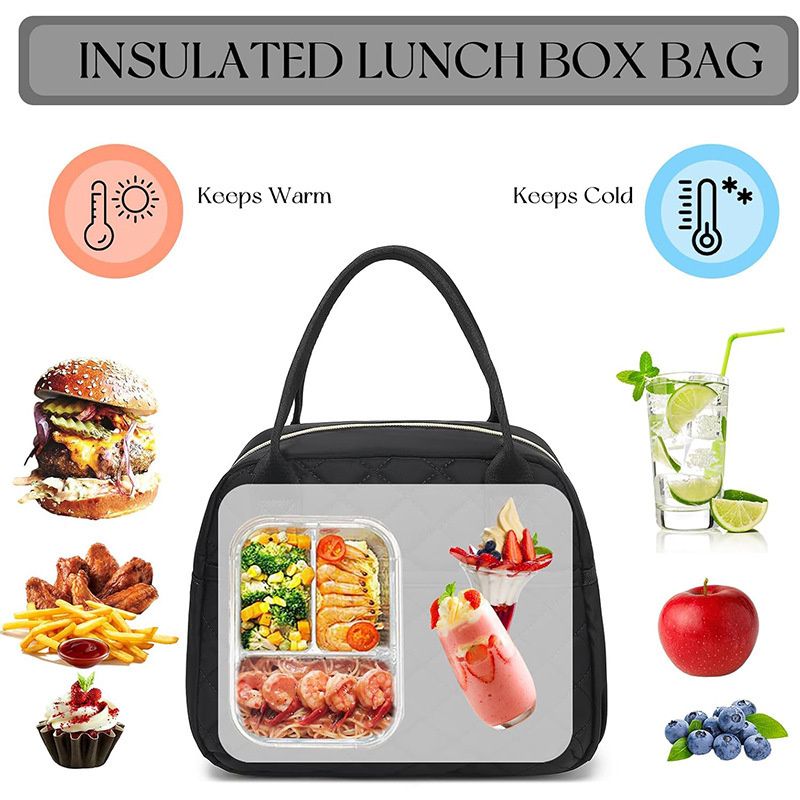 Black insulated lunch bag with clear front compartment showing food