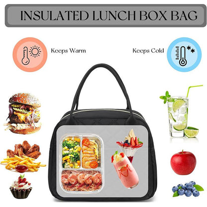 Black insulated lunch bag with clear front compartment showing food