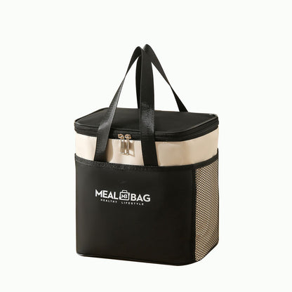 Insulated lunch cooler tote bag, black with mesh side panels and reinforced carry handles