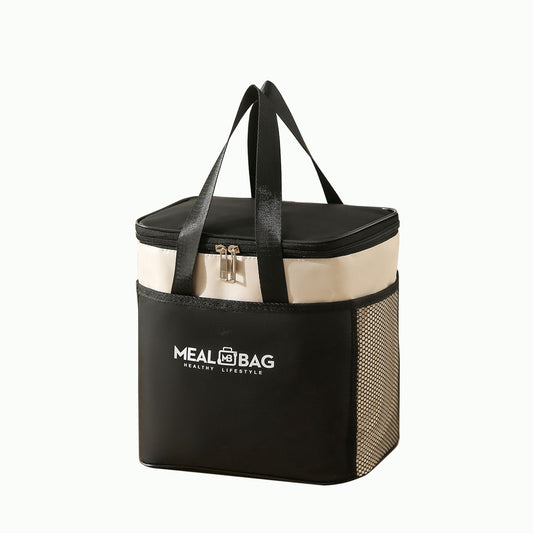 Insulated lunch cooler tote bag, black with mesh side panels and reinforced carry handles