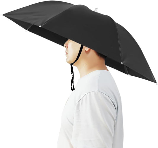 Black umbrella hat with chin strap, hands-free sunshade for outdoor wear