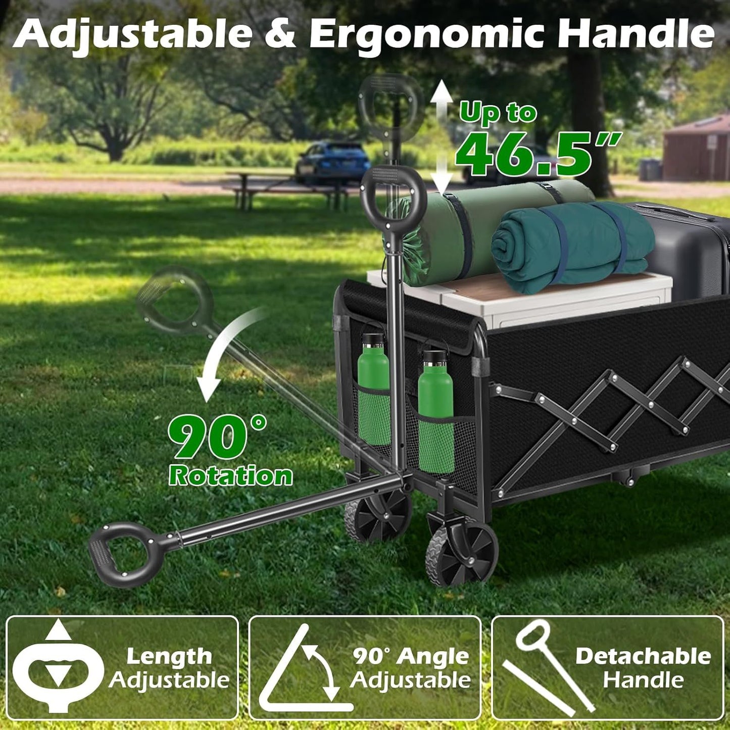 Black foldable wagon cart with adjustable ergonomic handle and 90° rotating front handle