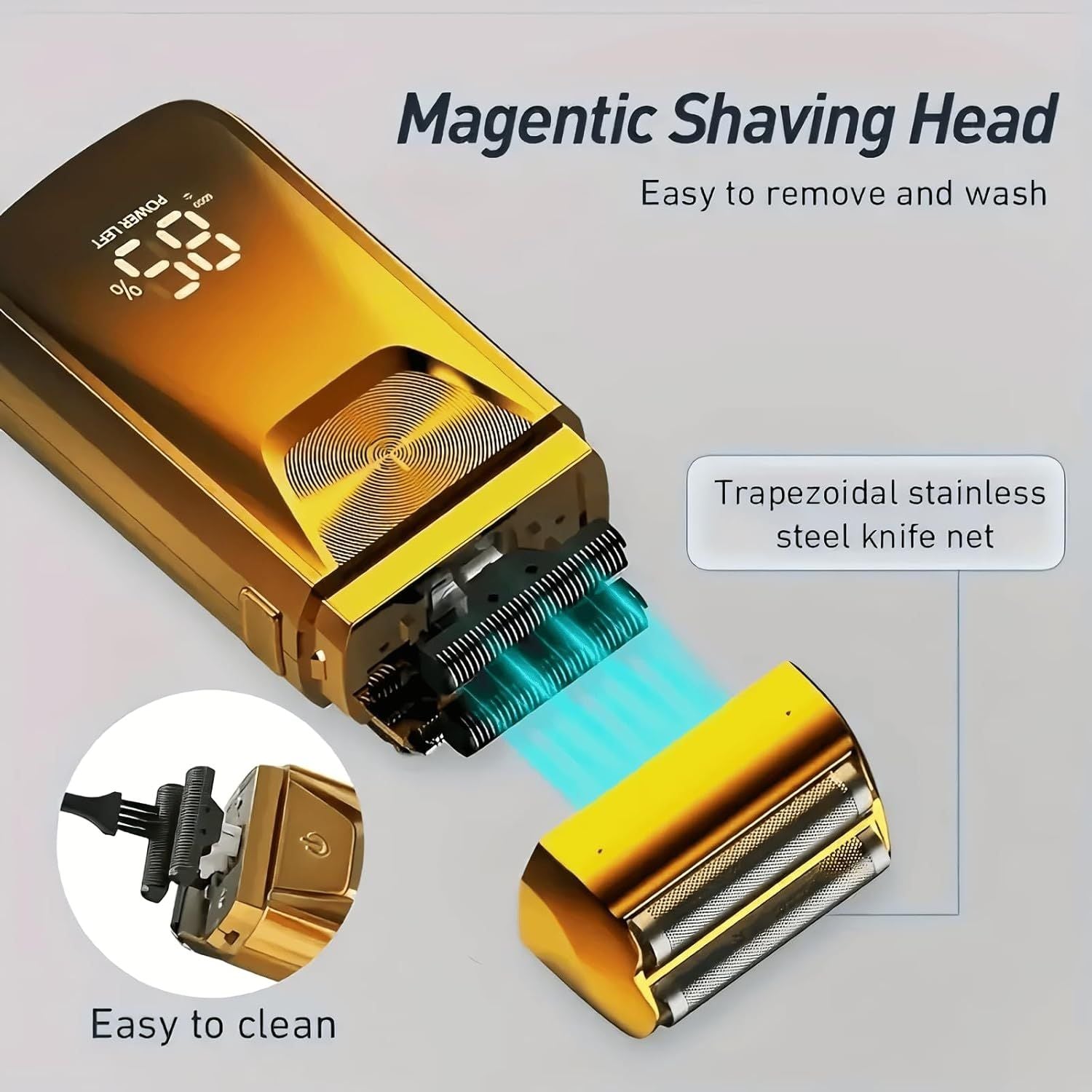 Gold electric shaver with removable magnetic foil head and blade cartridge