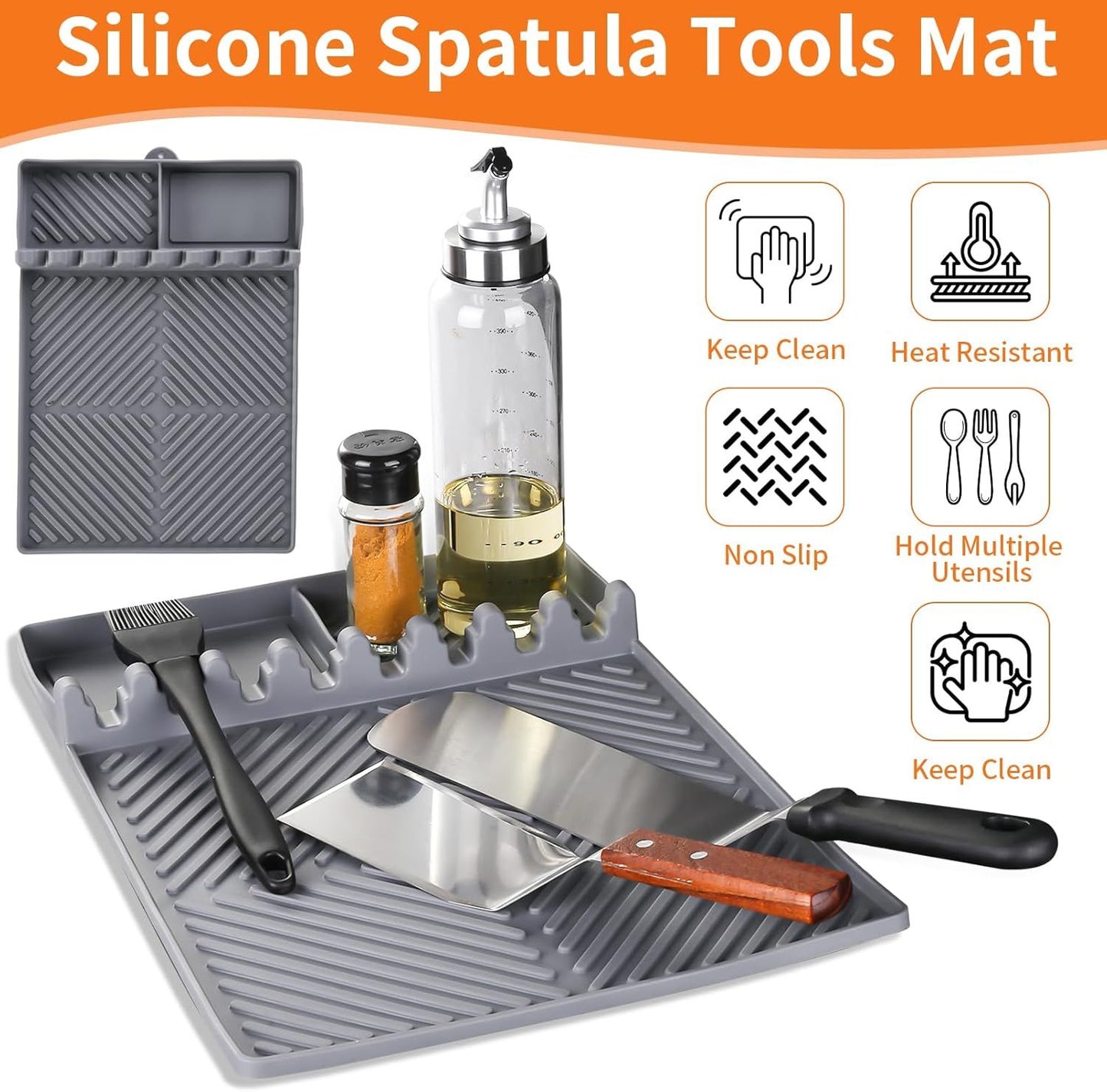 Gray silicone spatula tools mat with utensil slots and built-in drip compartments
