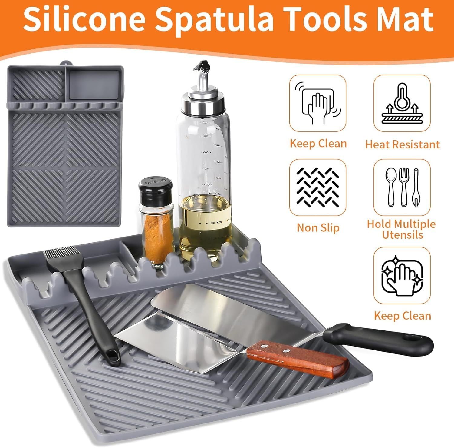 Gray silicone spatula tools mat with utensil slots and built-in drip compartments