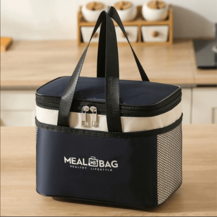 Insulated lunch cooler tote bag, navy with mesh side panels and reinforced carry handles