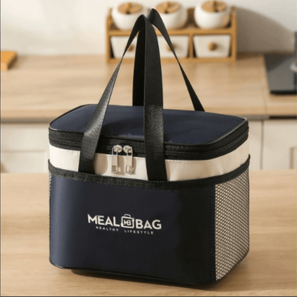 Insulated lunch cooler tote bag, navy with mesh side panels and reinforced carry handles