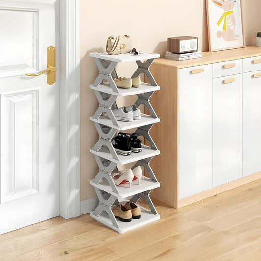 Gray 6-tier vertical kids shoe rack, foldable open shelves holding several pairs
