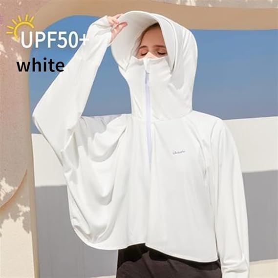 Women’s white lightweight UPF hooded full-zip jacket with face covering neck