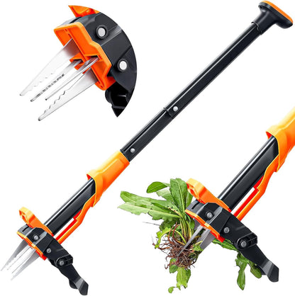 Orange and black stand-up weed puller tool with four claw prongs for uprooting weeds