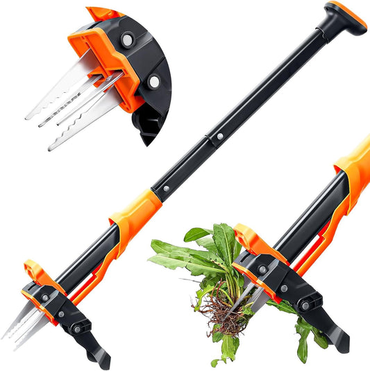 Orange and black stand-up weed puller tool with four claw prongs for uprooting weeds