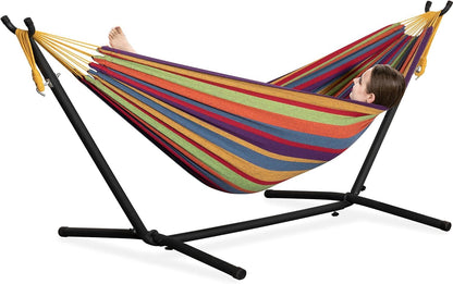 Double hammock with stand, multicolor striped fabric on black steel frame