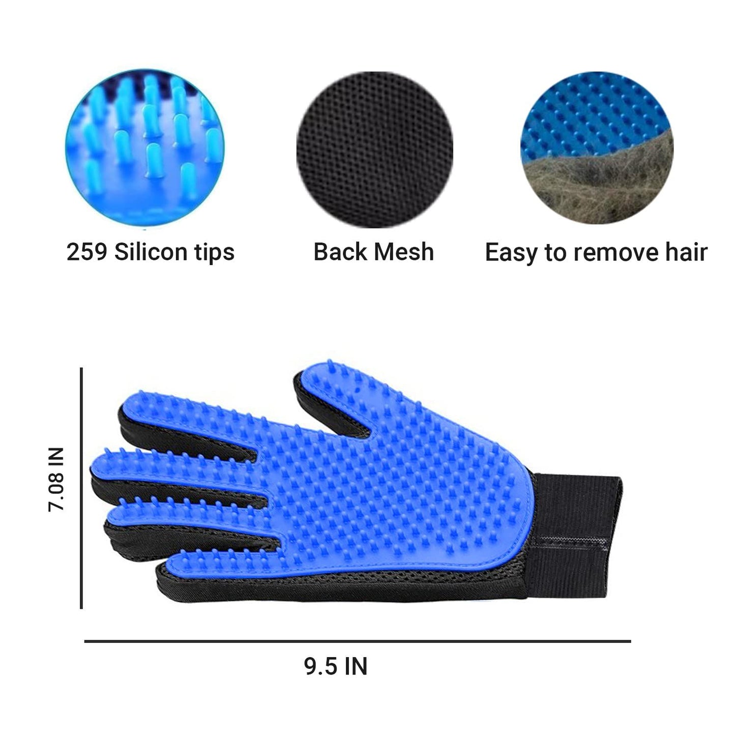 Blue pet grooming glove with silicone tips, mesh back, and easy hair removal design