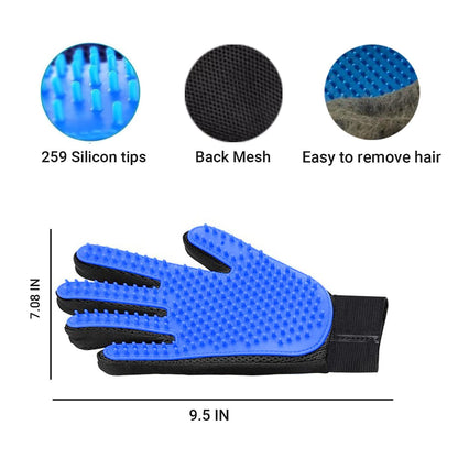 Blue pet grooming glove with silicone tips, mesh back, and easy hair removal design