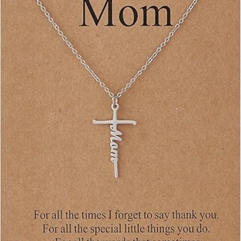 Cross pendant necklace with silver chain and Mom cursive charm