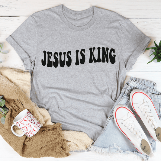 Unisex gray T-shirt with "JESUS IS KING" black distressed print