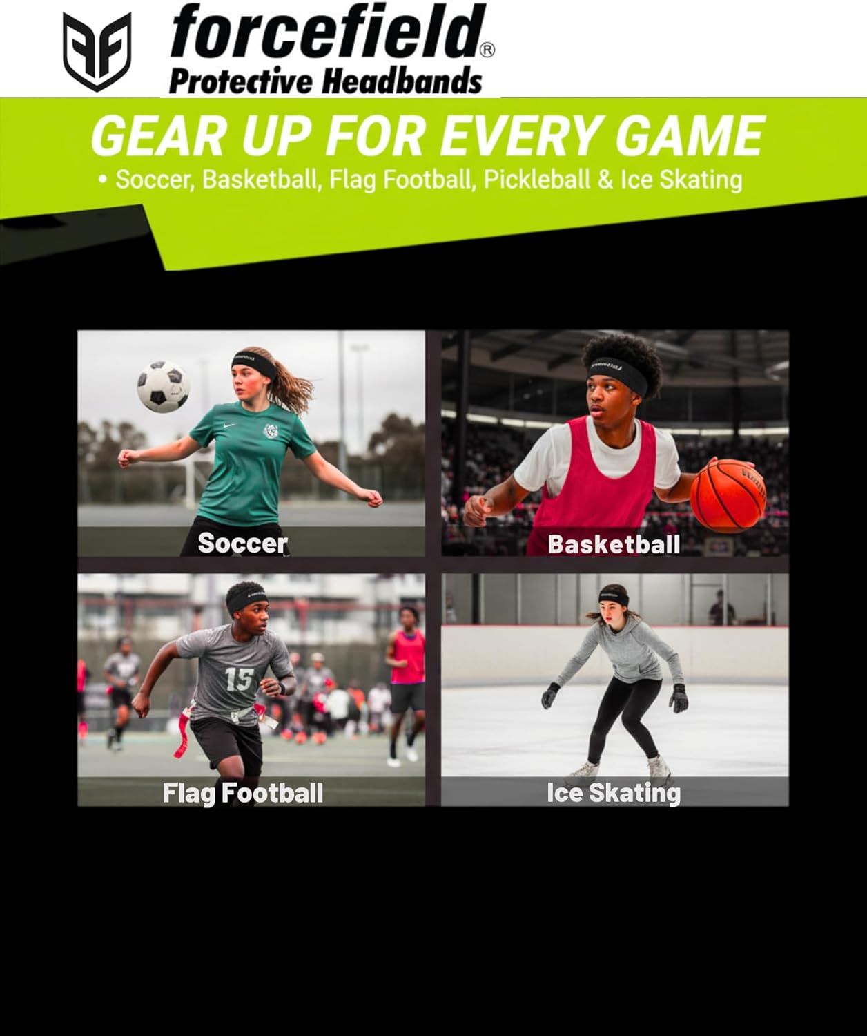 Black protective headband with PF logo worn by a smiling athlete model