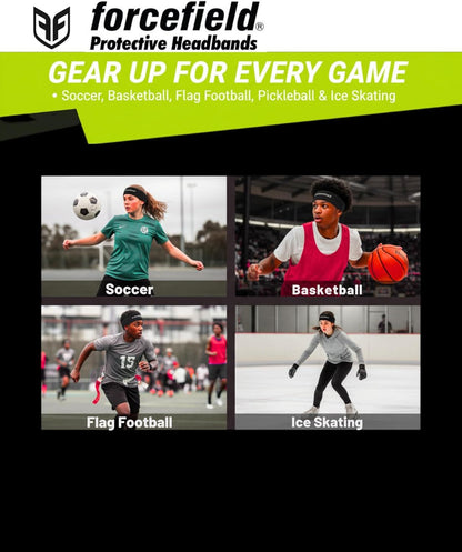 Black protective headband with PF logo worn by a smiling athlete model