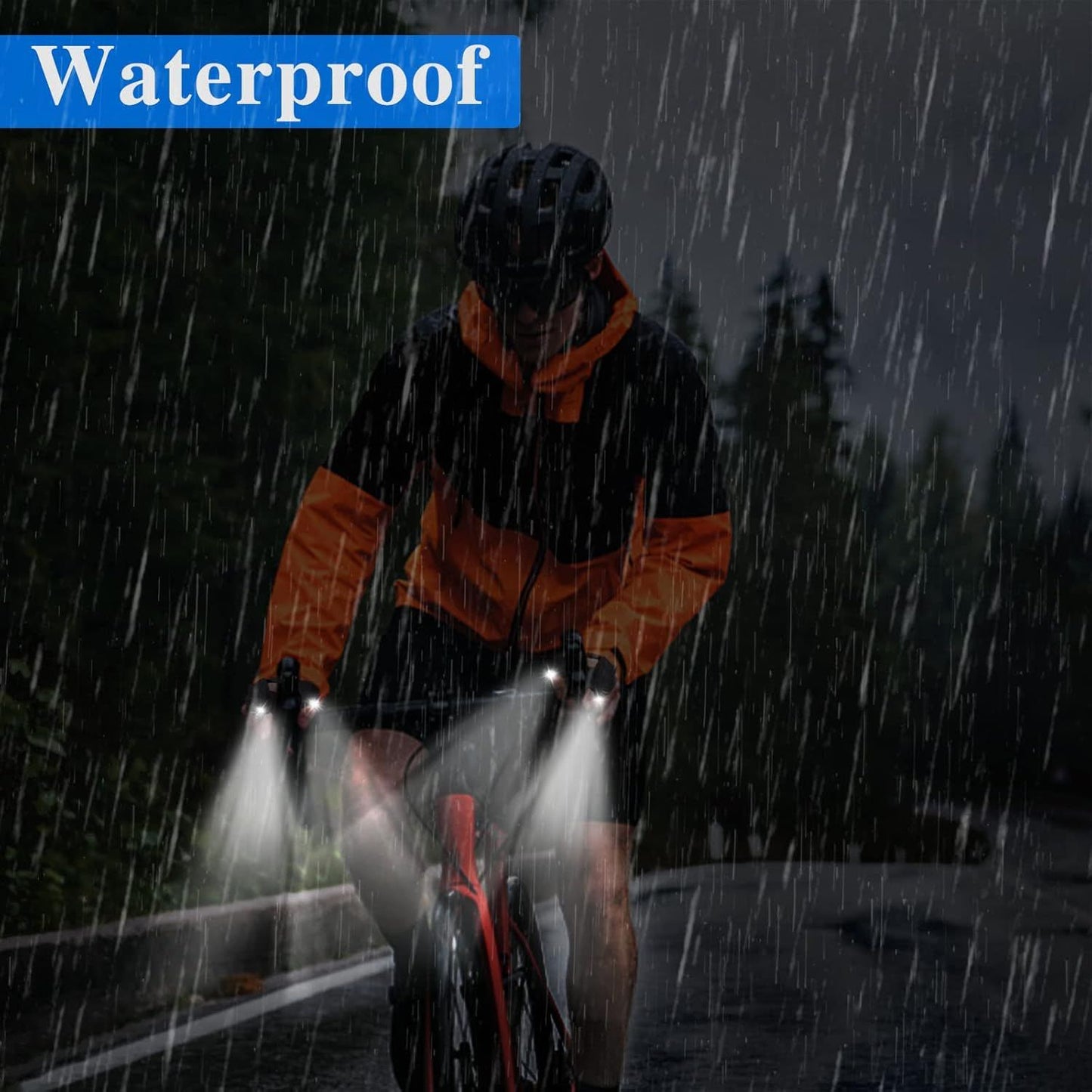 Black LED flashlight gloves with shining finger LEDs in rain for waterproof use