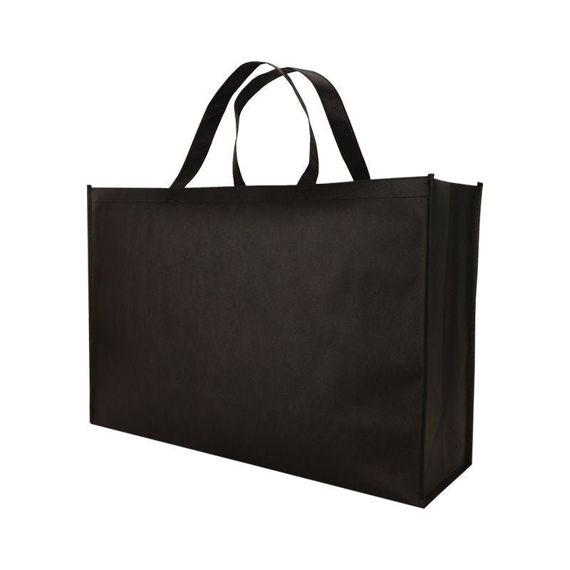 Large black reusable non-woven shopping tote bag with reinforced top handles