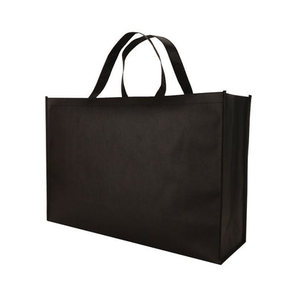 Large black reusable non-woven shopping tote bag with reinforced top handles