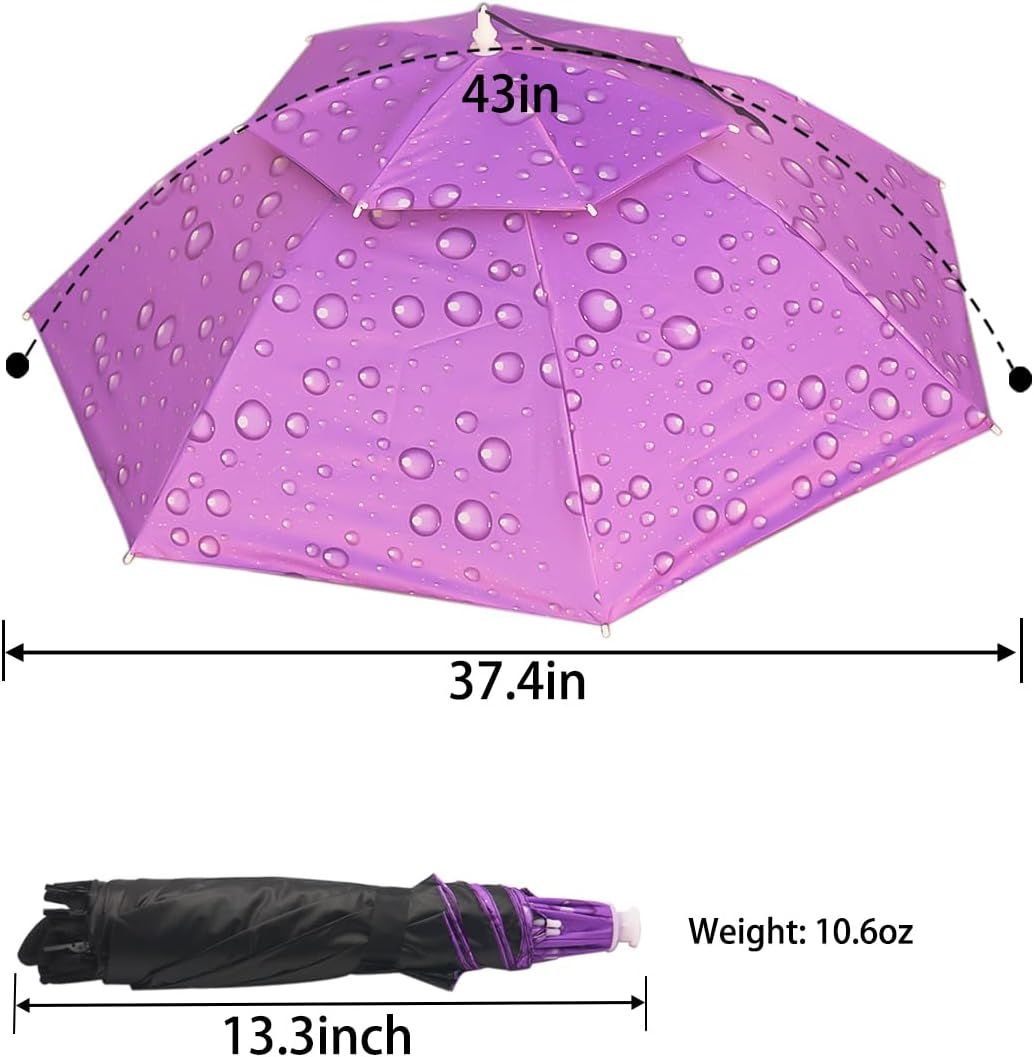 Purple umbrella hat with raindrop-covered canopy and central top vent.