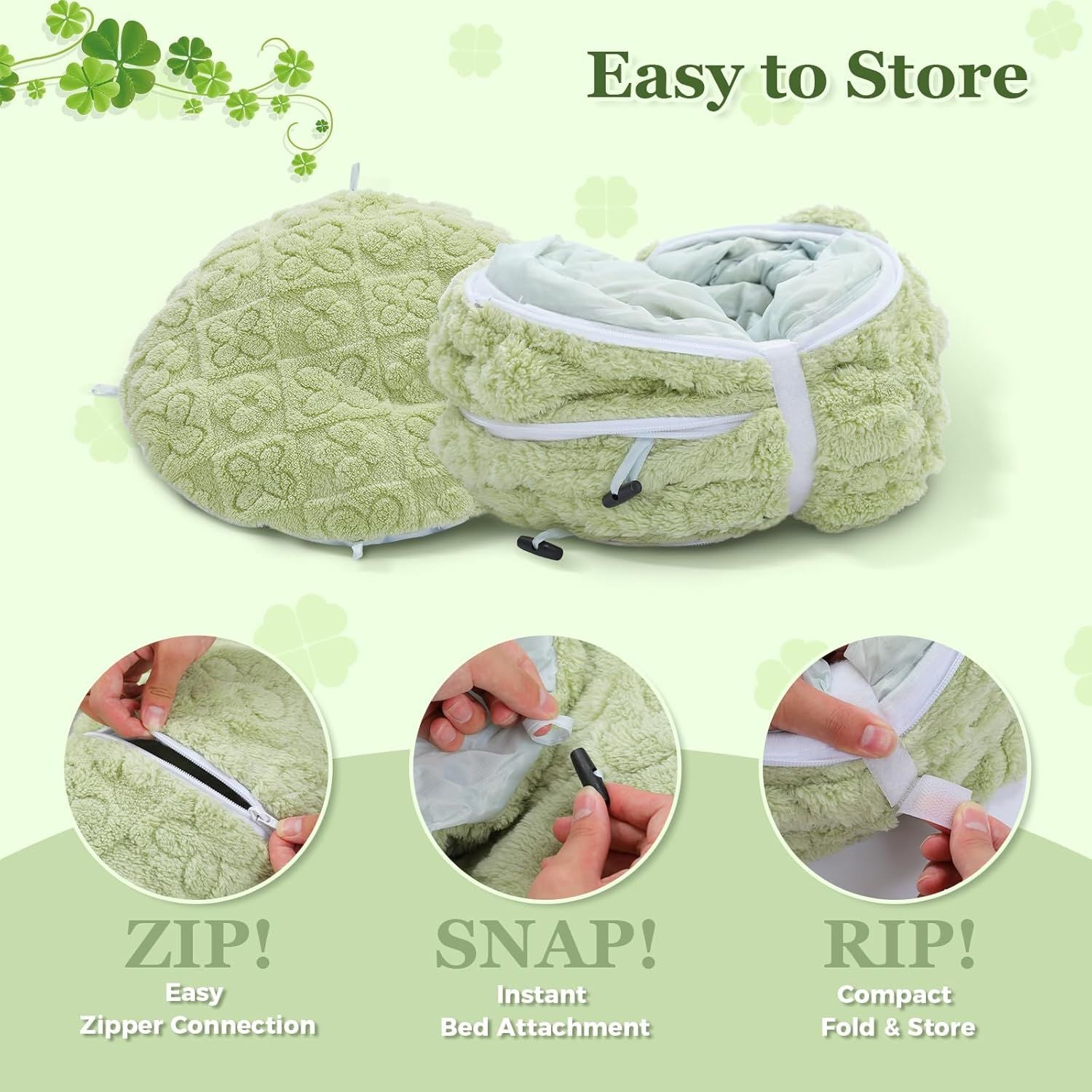 Light green plush donut cat tunnel bed with zipper for easy storage