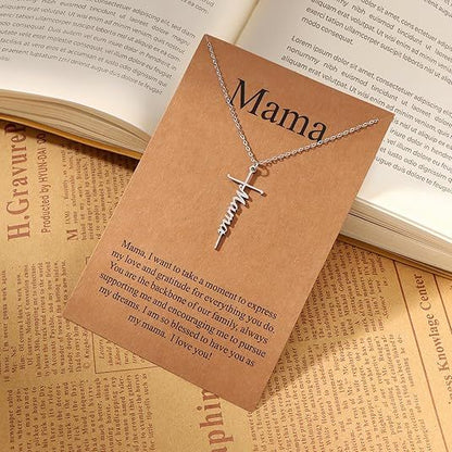 Religious cross and 'Mama' script pendant necklace on a fine linked chain