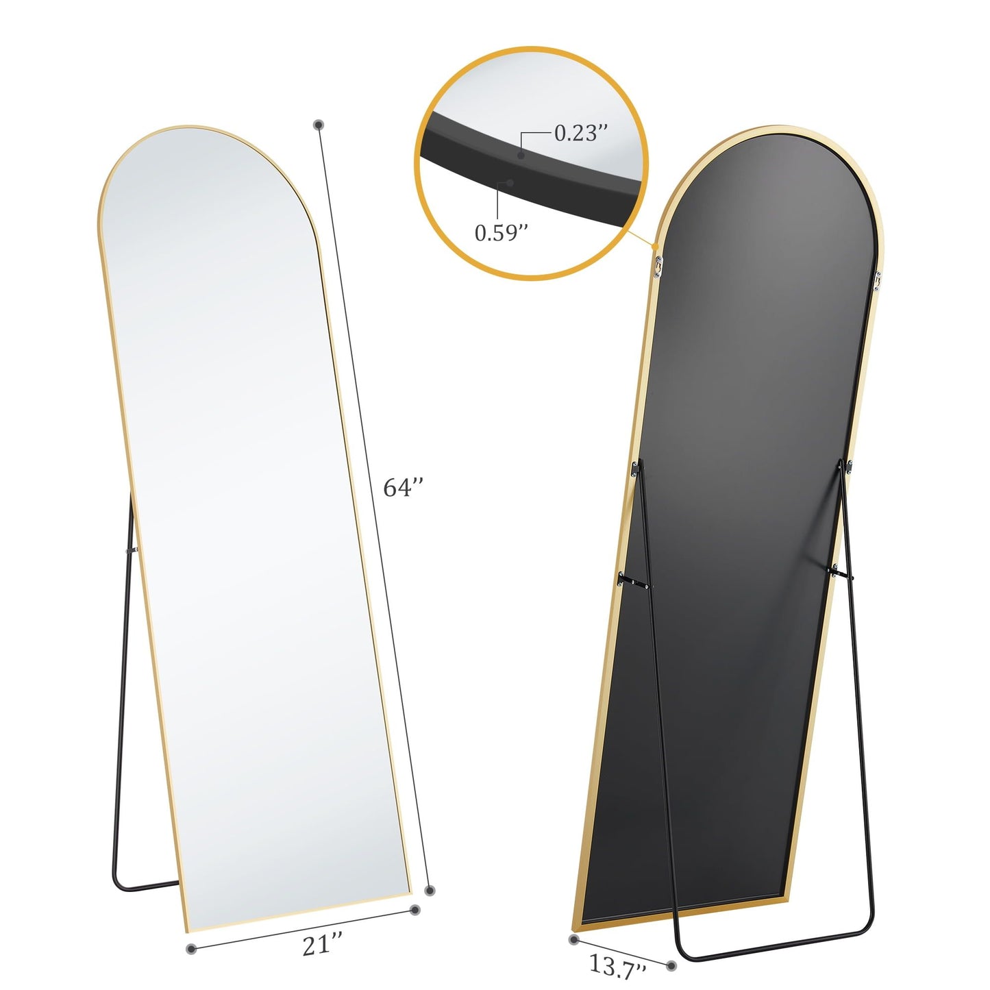 Arched full-length mirror with gold frame and dark reflective glass, front and side views