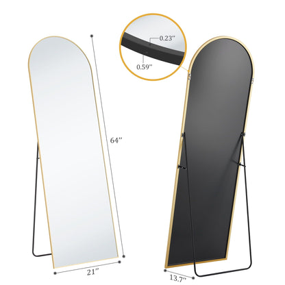 Arched full-length mirror with gold frame and dark reflective glass, front and side views