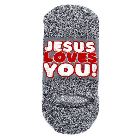 No-show socks, dark heather gray with red and white “JESUS LOVES YOU!” print