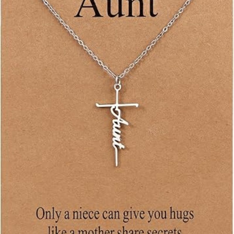 Faith cross pendant necklace with “Aunt” script charm on silver chain
