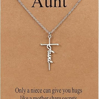 Faith cross pendant necklace with “Aunt” script charm on silver chain