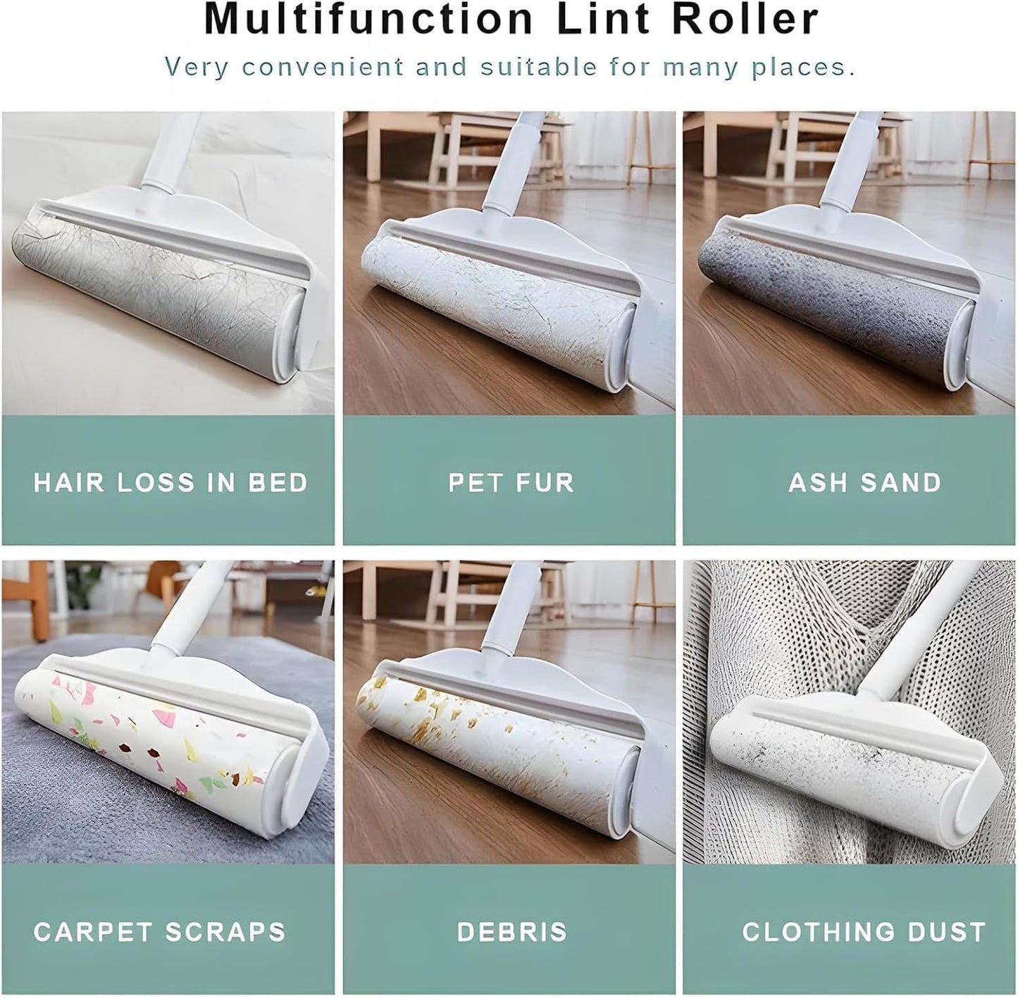 Multisurface lint roller with wide head for pet fur on furniture, floors, and fabrics.