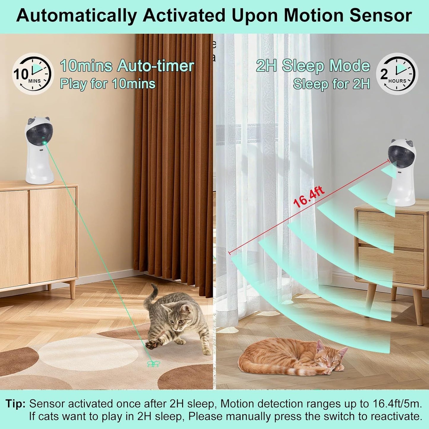 White motion-activated cat laser toy projecting a curved glowing laser path from a dome