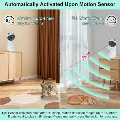 White motion-activated cat laser toy projecting a curved glowing laser path from a dome