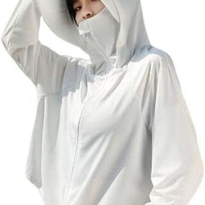 White hooded full-zip sun protective jacket with long sleeves and roomy drape