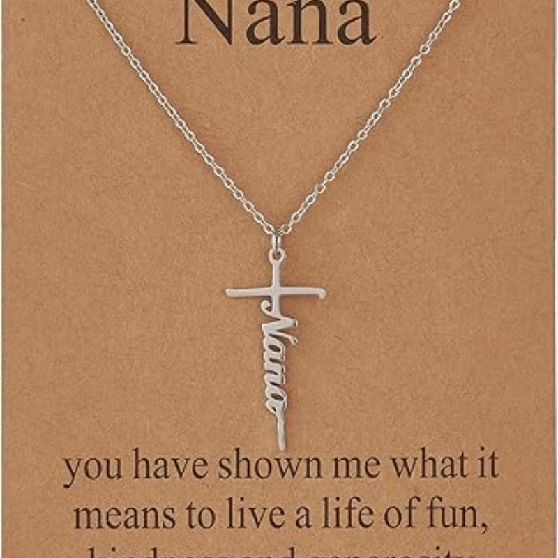 Faith cross pendant necklace with “Nana” script charm on silver chain