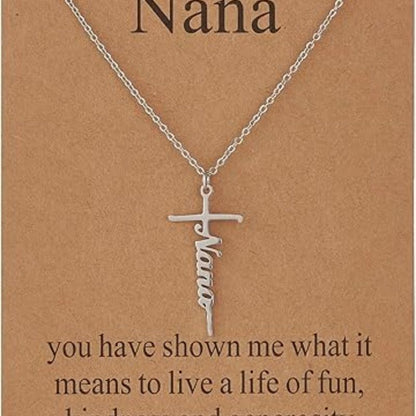 Faith cross pendant necklace with “Nana” script charm on silver chain