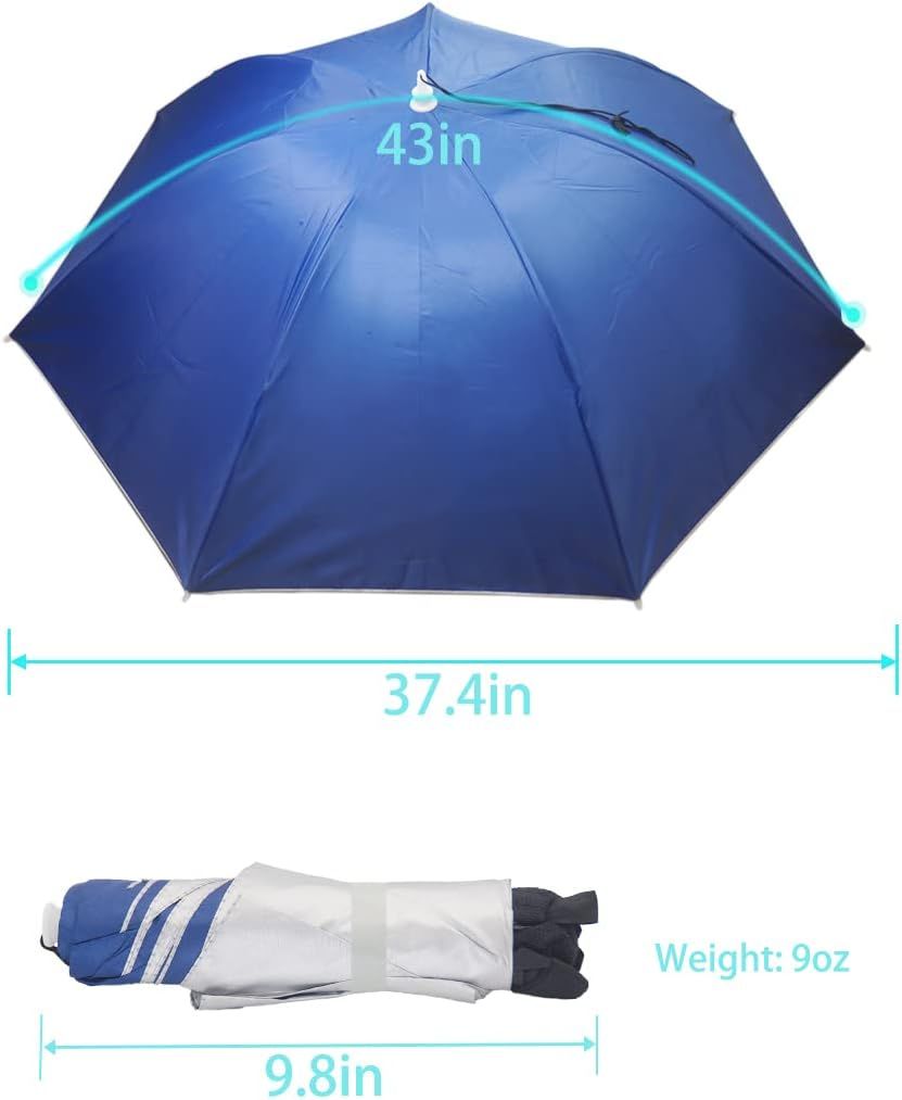 Blue umbrella hat with chin cord, open canopy and rolled storage bundle shown.