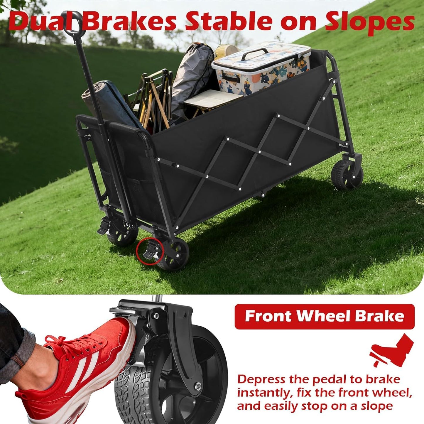 Black folding wagon cart with front wheel brake and sturdy side panels