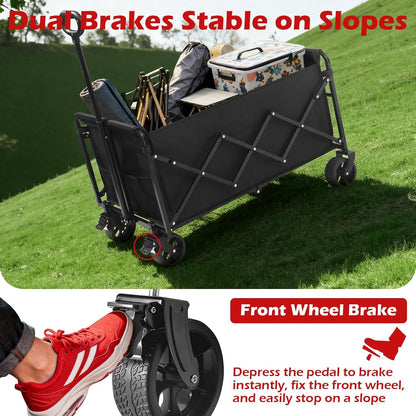 Black folding wagon cart with front wheel brake and sturdy side panels