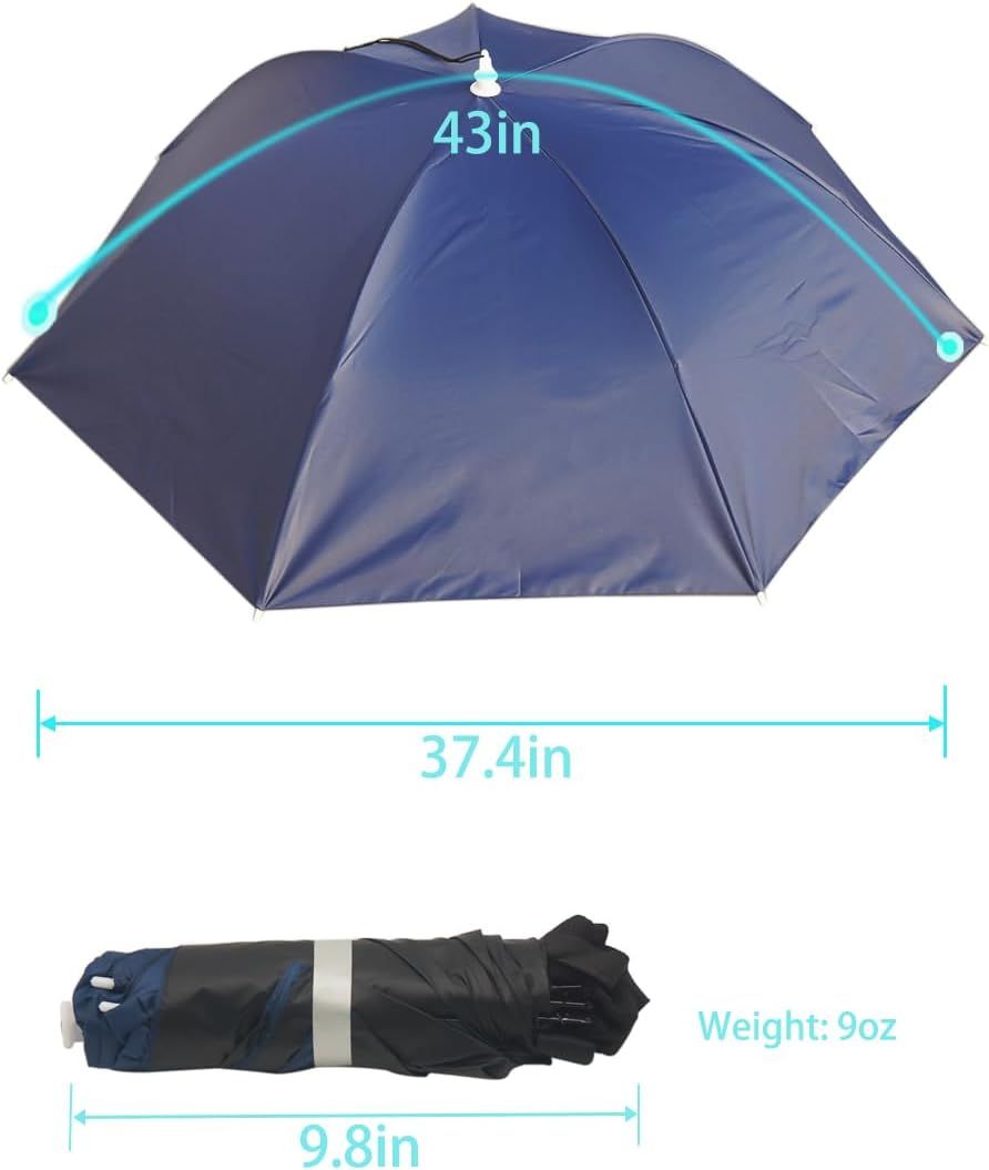 Navy umbrella hat canopy with central head opening; folded storage sleeve included.