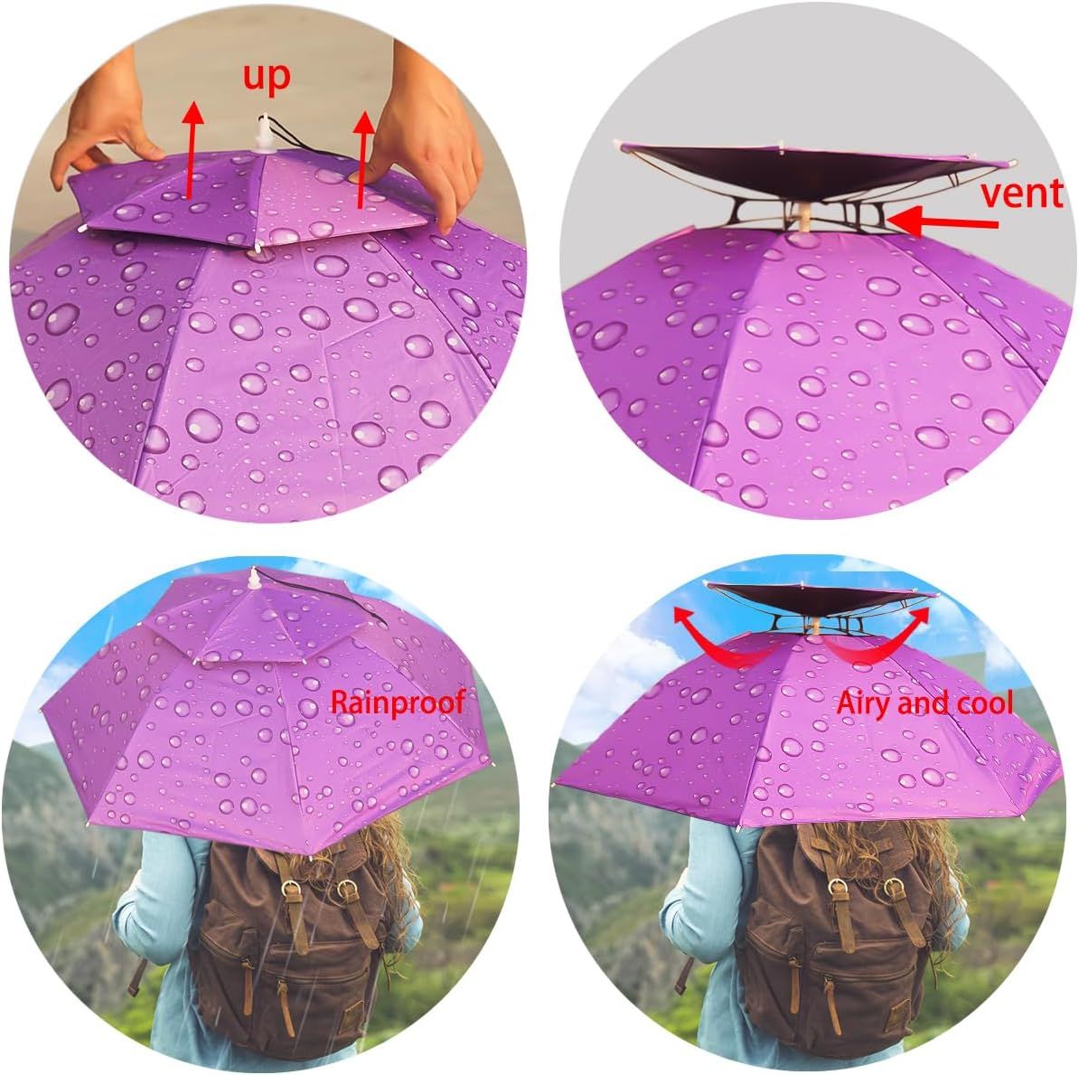 Purple umbrella hat being positioned on the head; raindrops bead on the canopy.