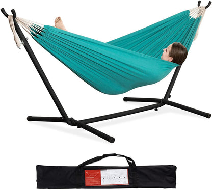 Double hammock with stand, teal green fabric with black frame and included storage bag