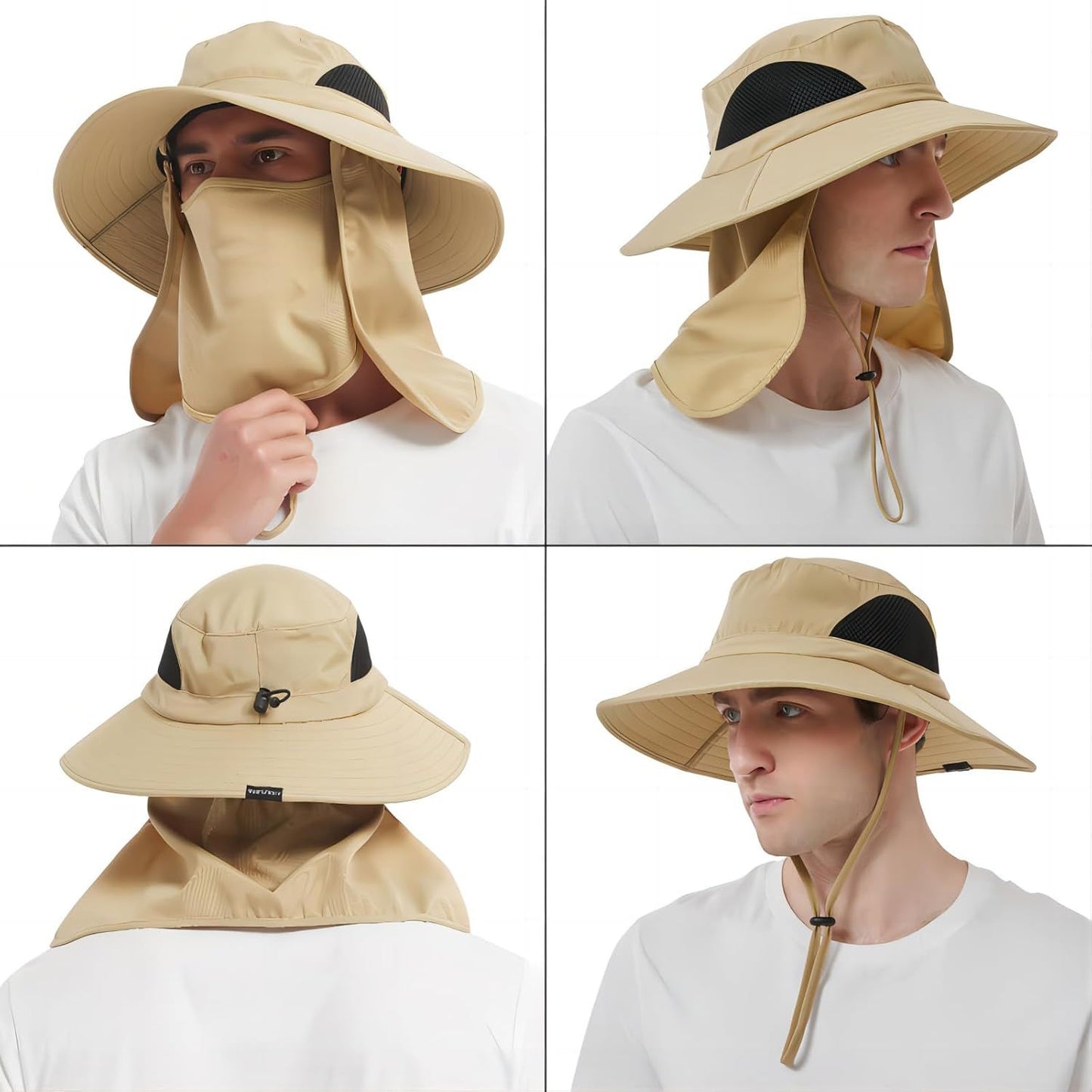 Light beige wide-brim bucket sun hat with black mesh panel and chin strap