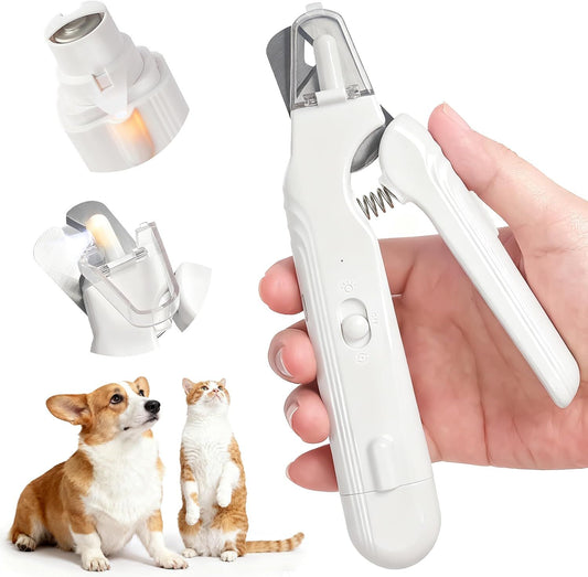 White 2-in-1 pet nail clipper and grinder with LED light and safety guard.