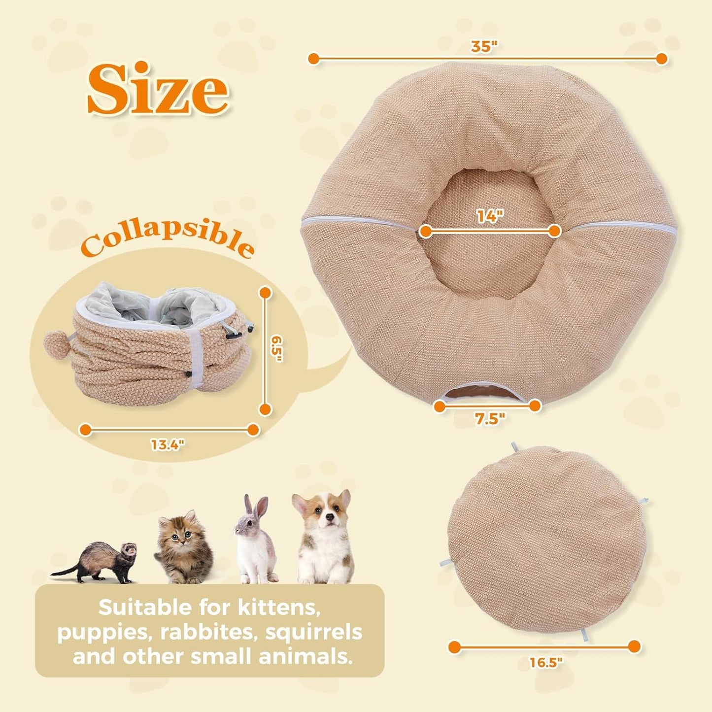 Beige collapsible donut cat tunnel bed with round tube shape and circular end opening.