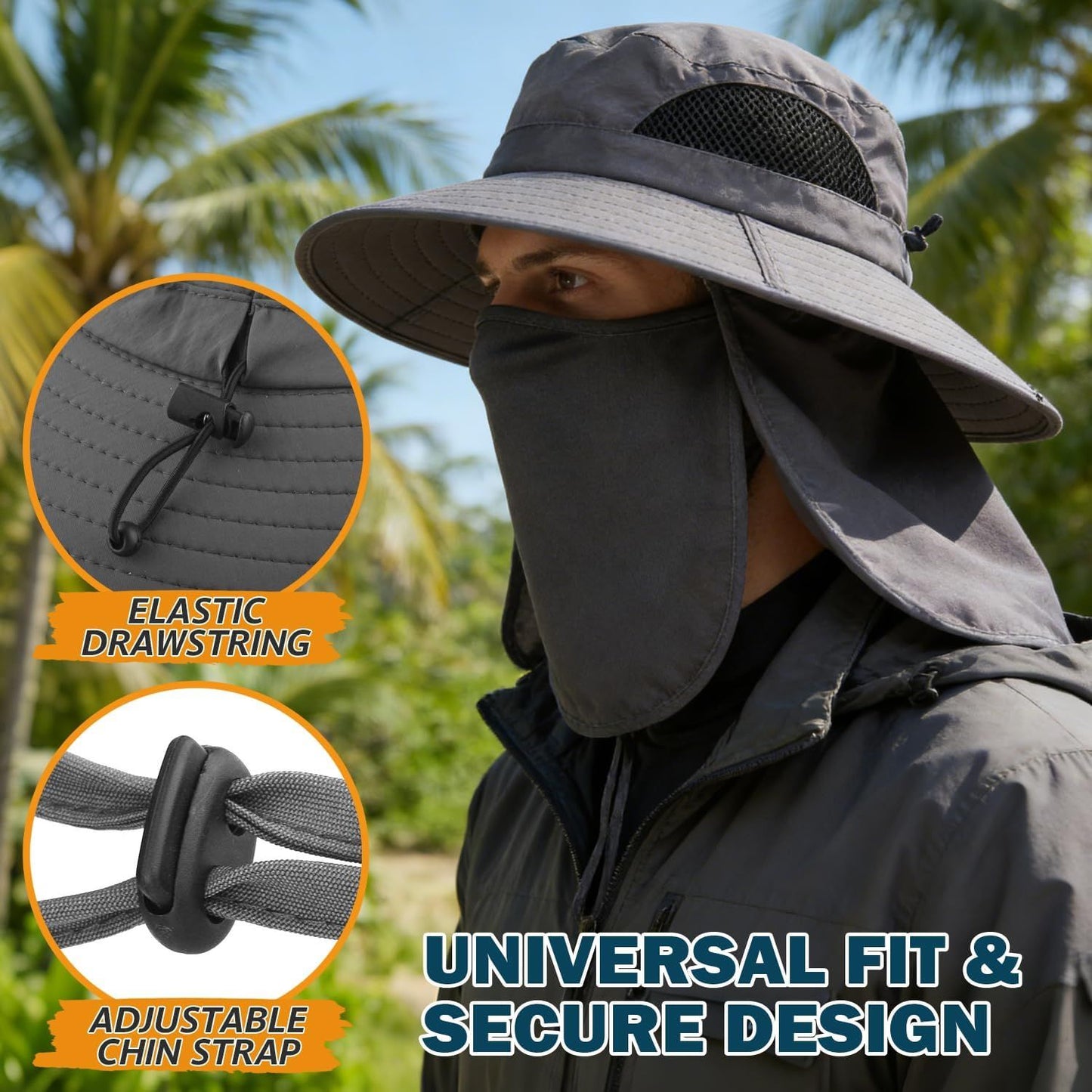 Light grey bucket sun hat with elastic drawstring and adjustable chin strap