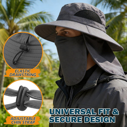 Light grey bucket sun hat with elastic drawstring and adjustable chin strap